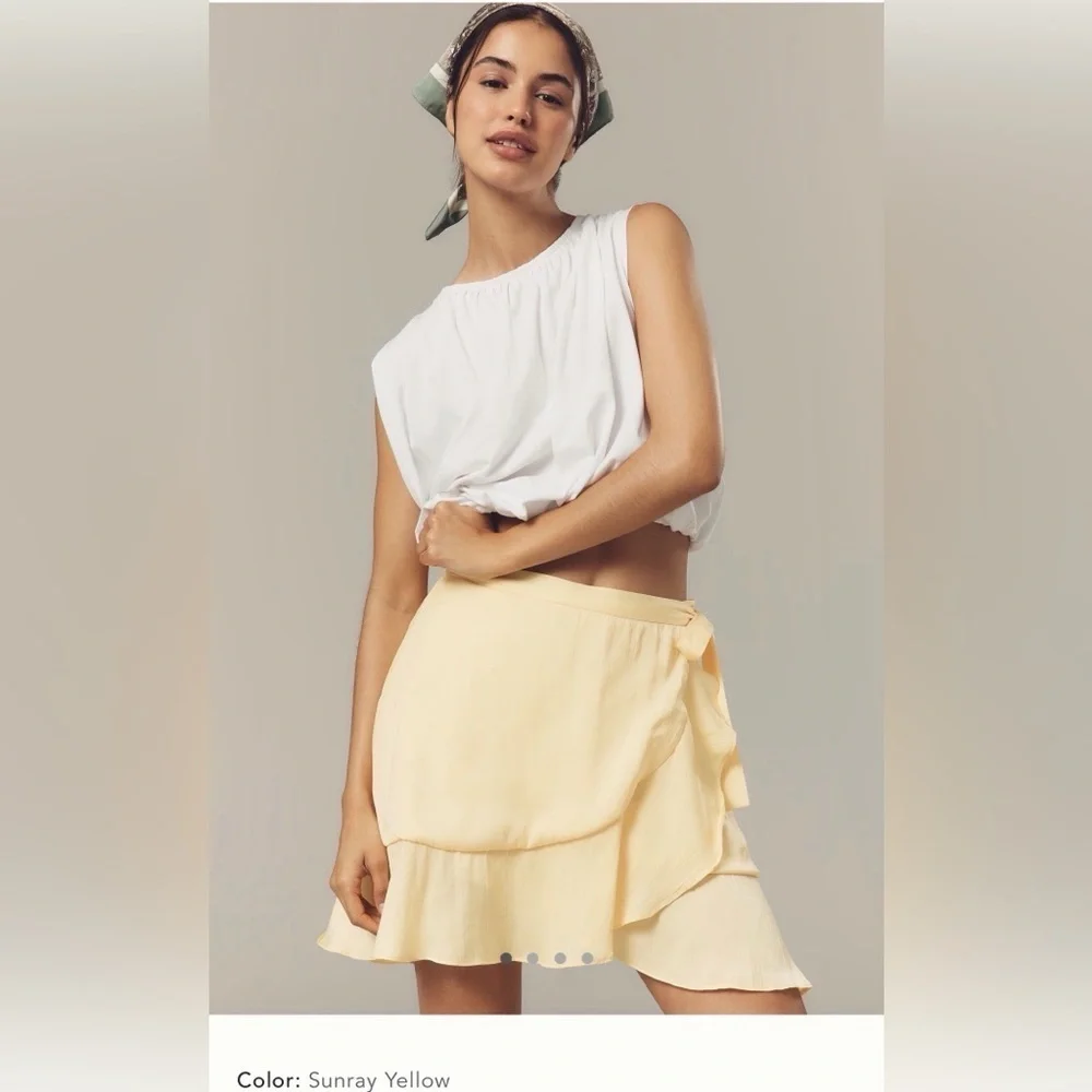 NWT new medium Anthropologie Maeve ruffle mini skirt yellow wrap tie